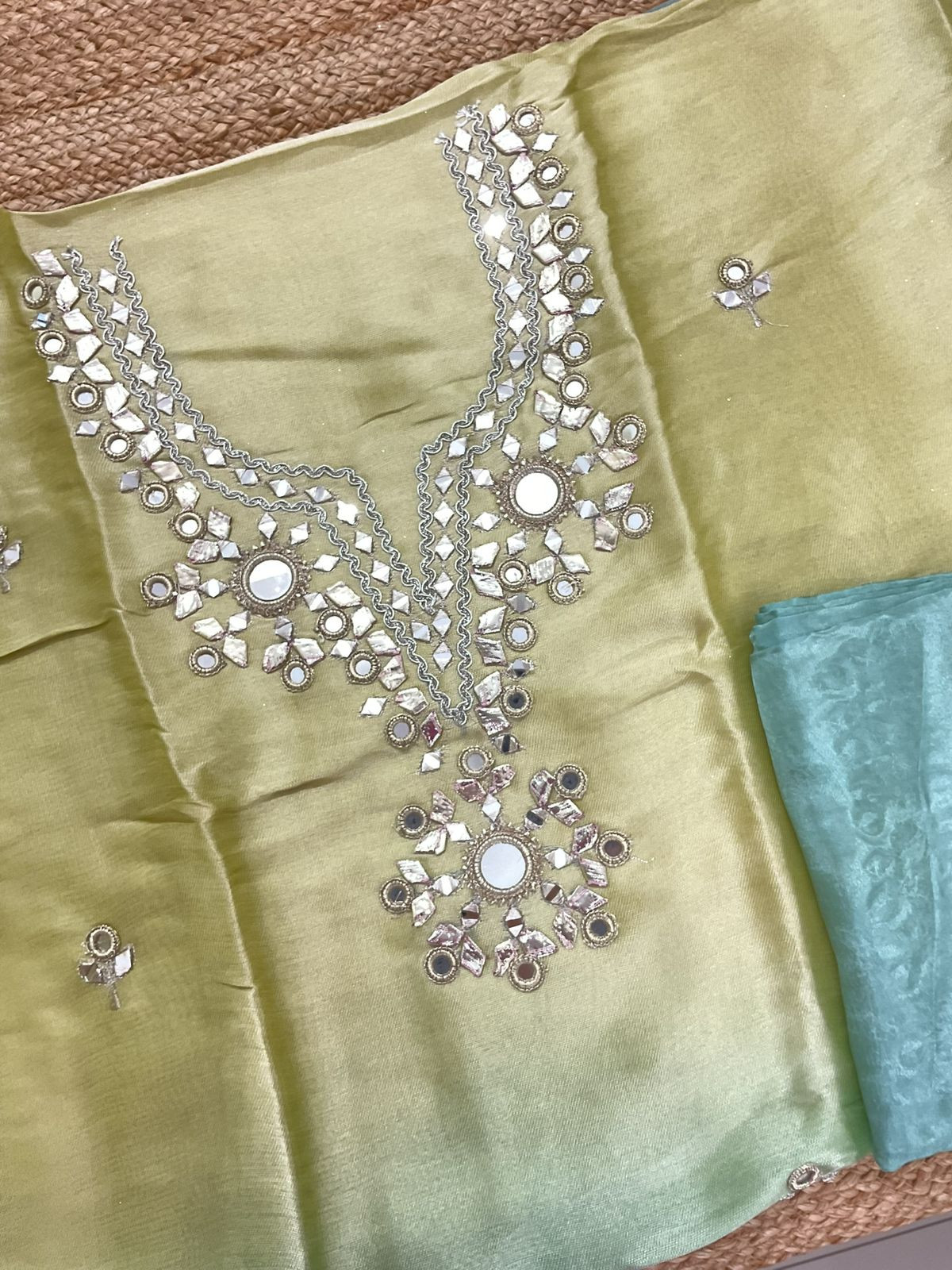 Soft Tissue Cotton Silk Embroidered Suit - Green