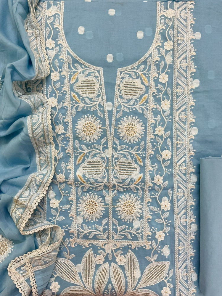 Image of Pure Cotton Self Weaved Embroidered Suit - Blue