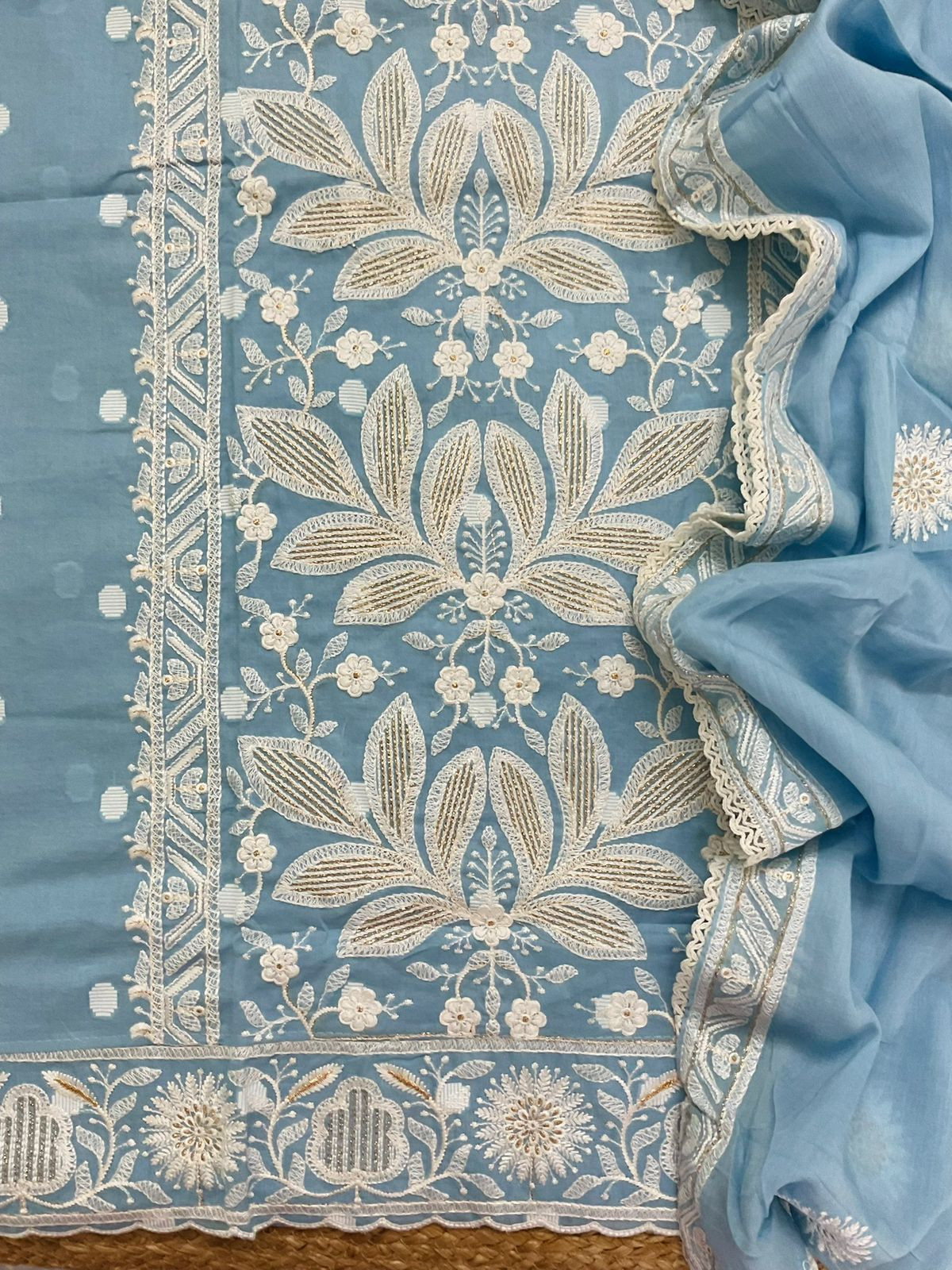 Pure Cotton Self Weaved Embroidered Suit - Blue