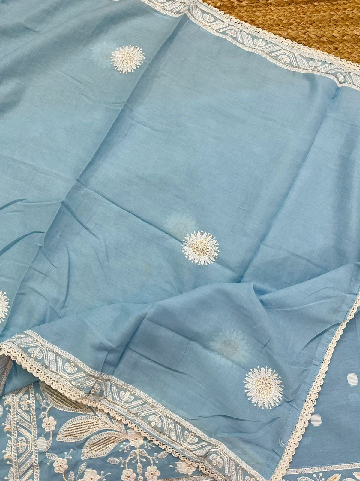 Pure Cotton Self Weaved Embroidered Suit - Blue