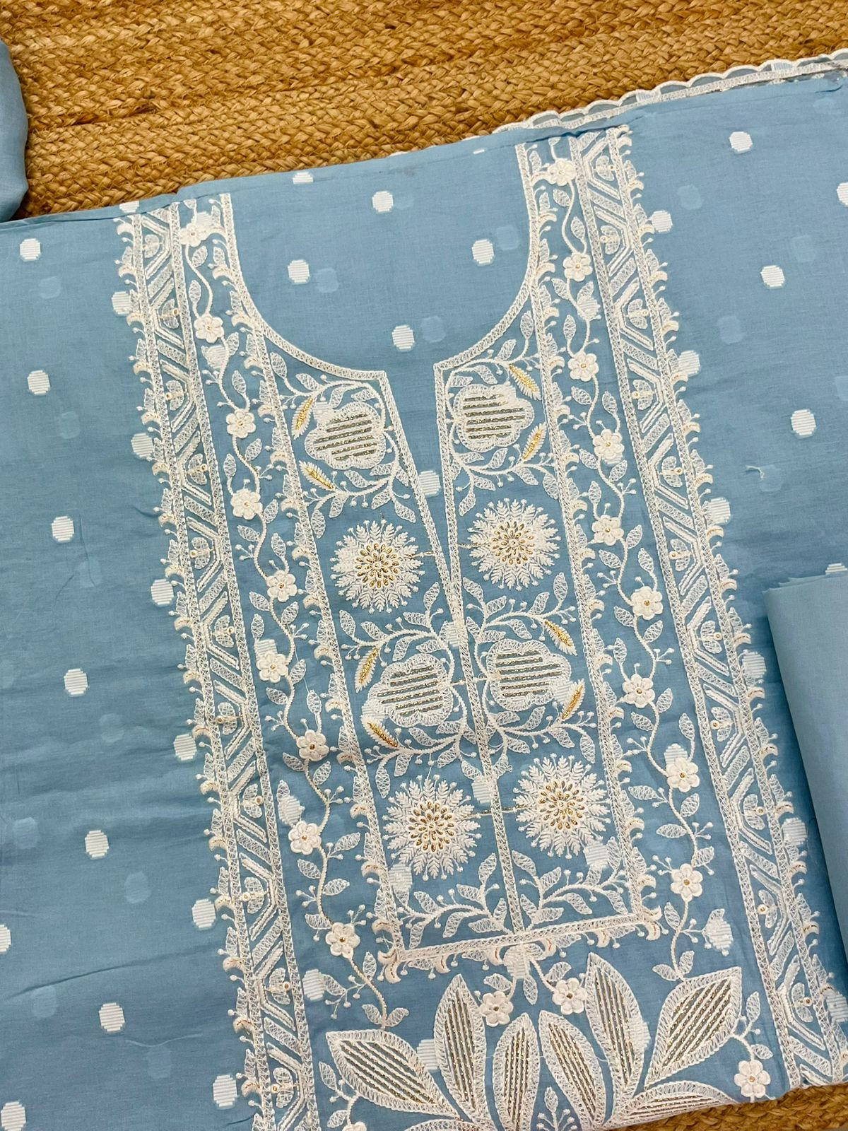 Pure Cotton Self Weaved Embroidered Suit - Blue
