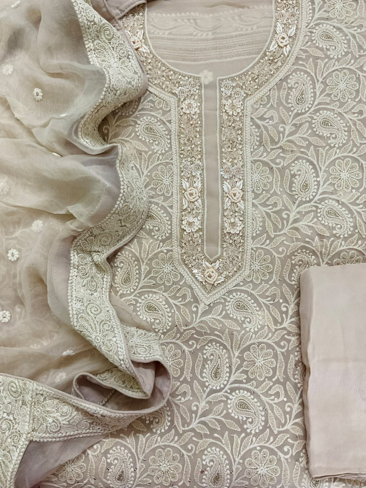 Image of Pure Fine Georgette Embroidered Suit - Beige