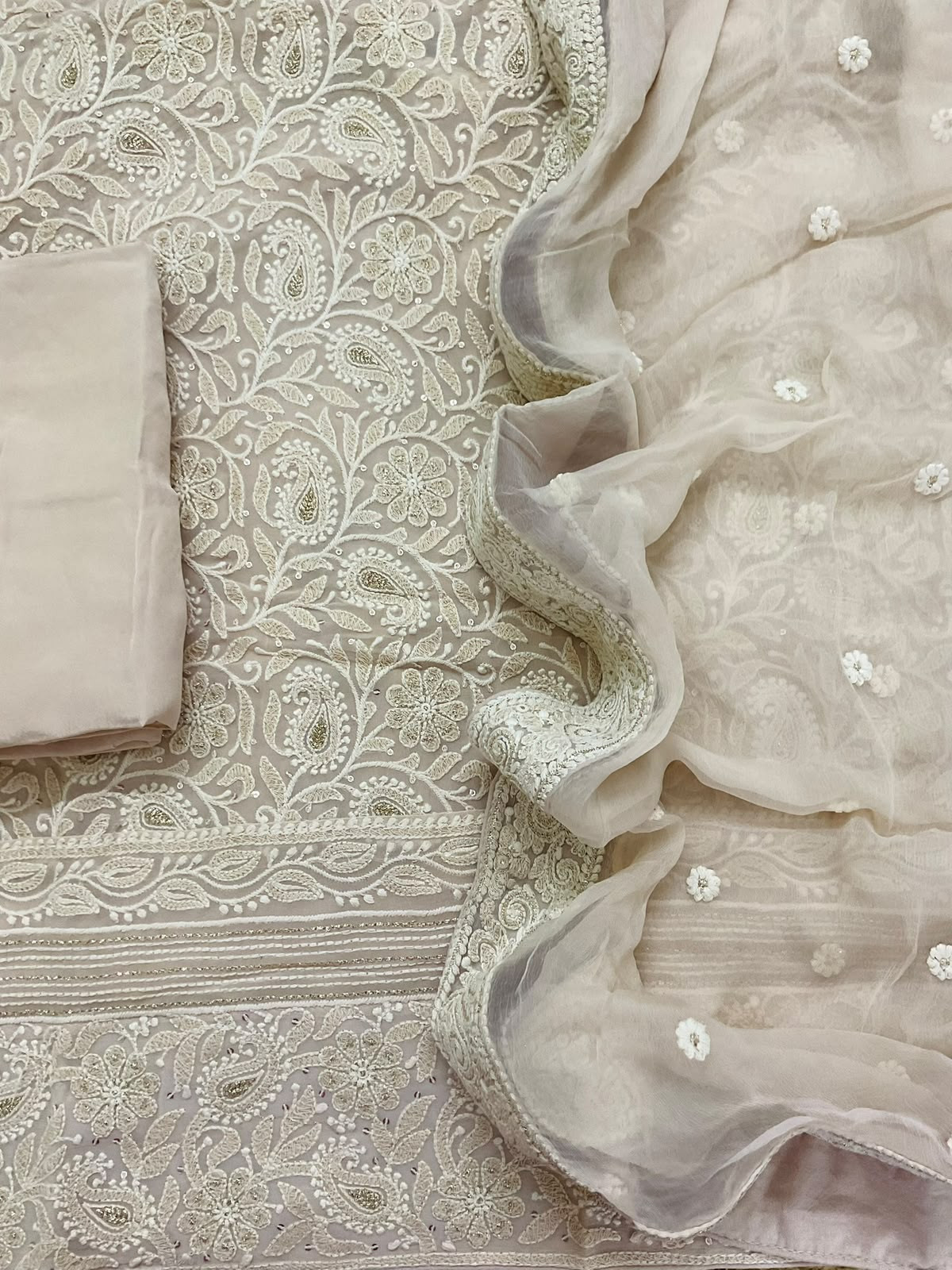 Pure Fine Georgette Embroidered Suit - Beige