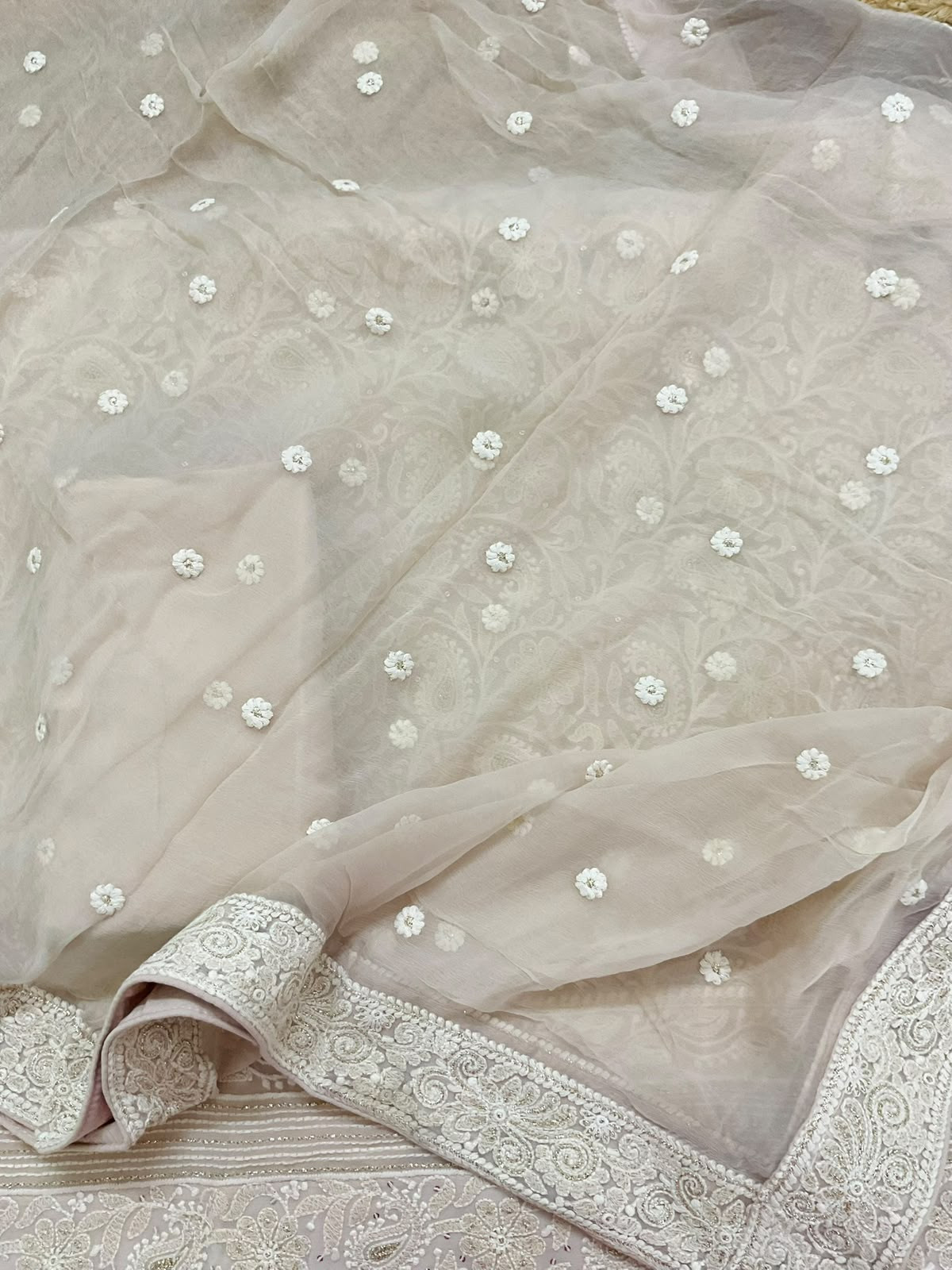Pure Fine Georgette Embroidered Suit - Beige