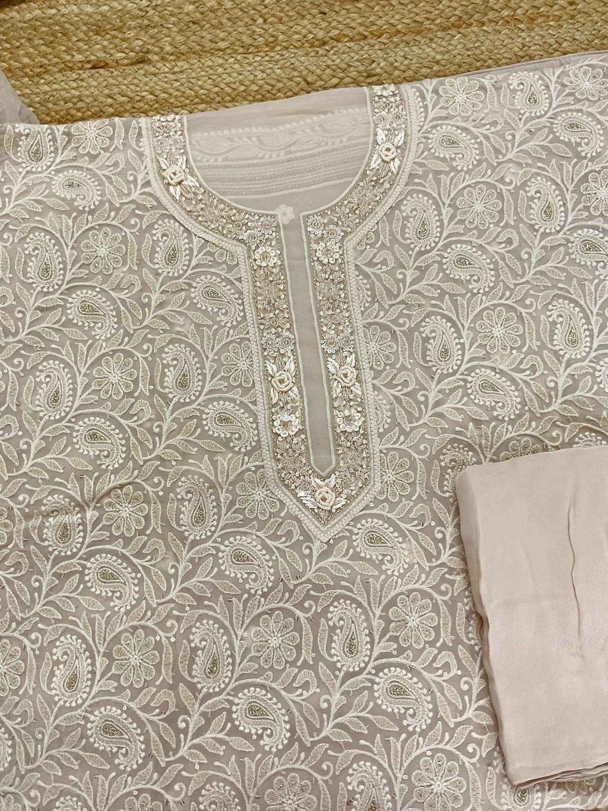 Pure Fine Georgette Embroidered Suit - Beige