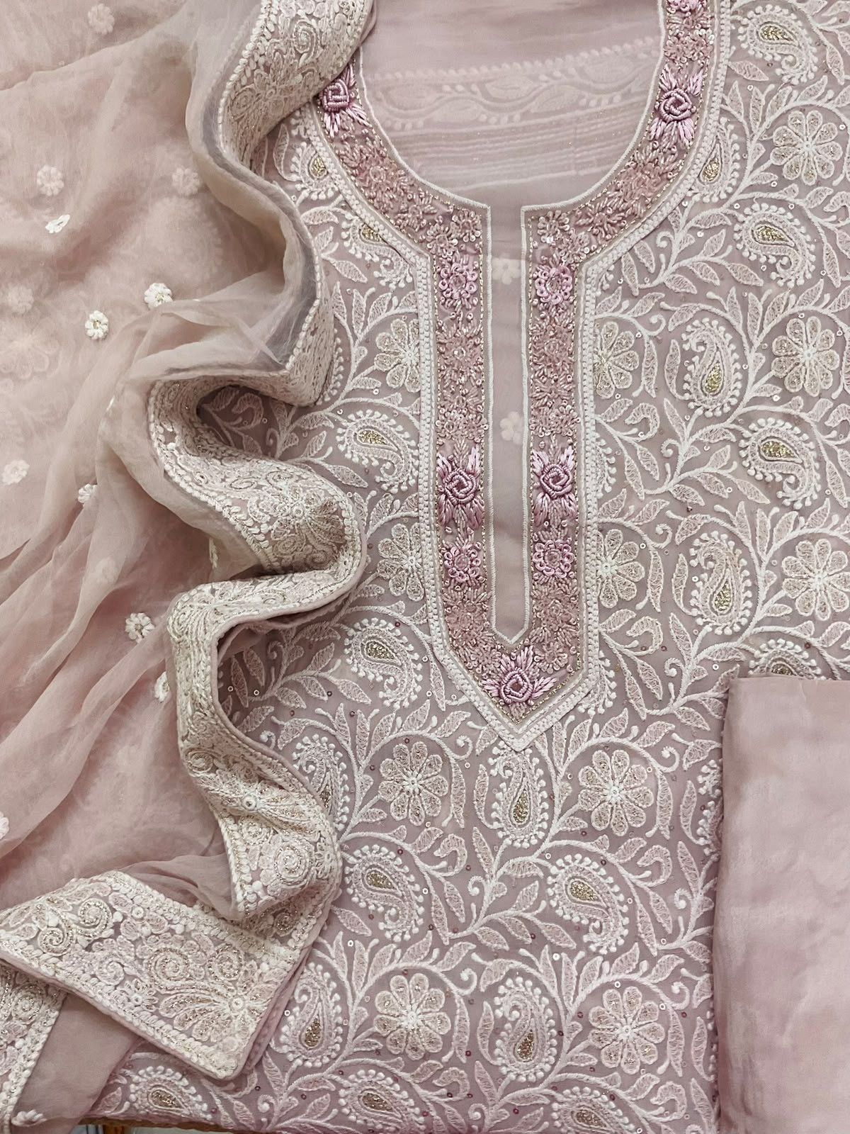 Pure Fine Georgette Embroidered Suit - Light Onion Pink