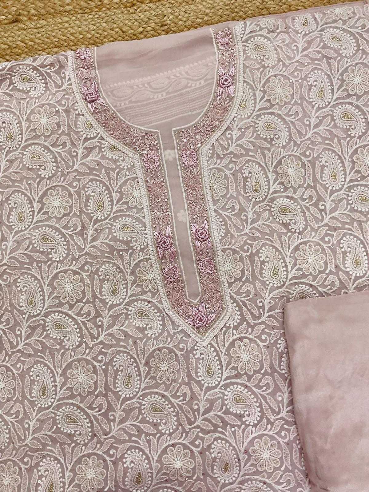 Pure Fine Georgette Embroidered Suit - Light Onion Pink