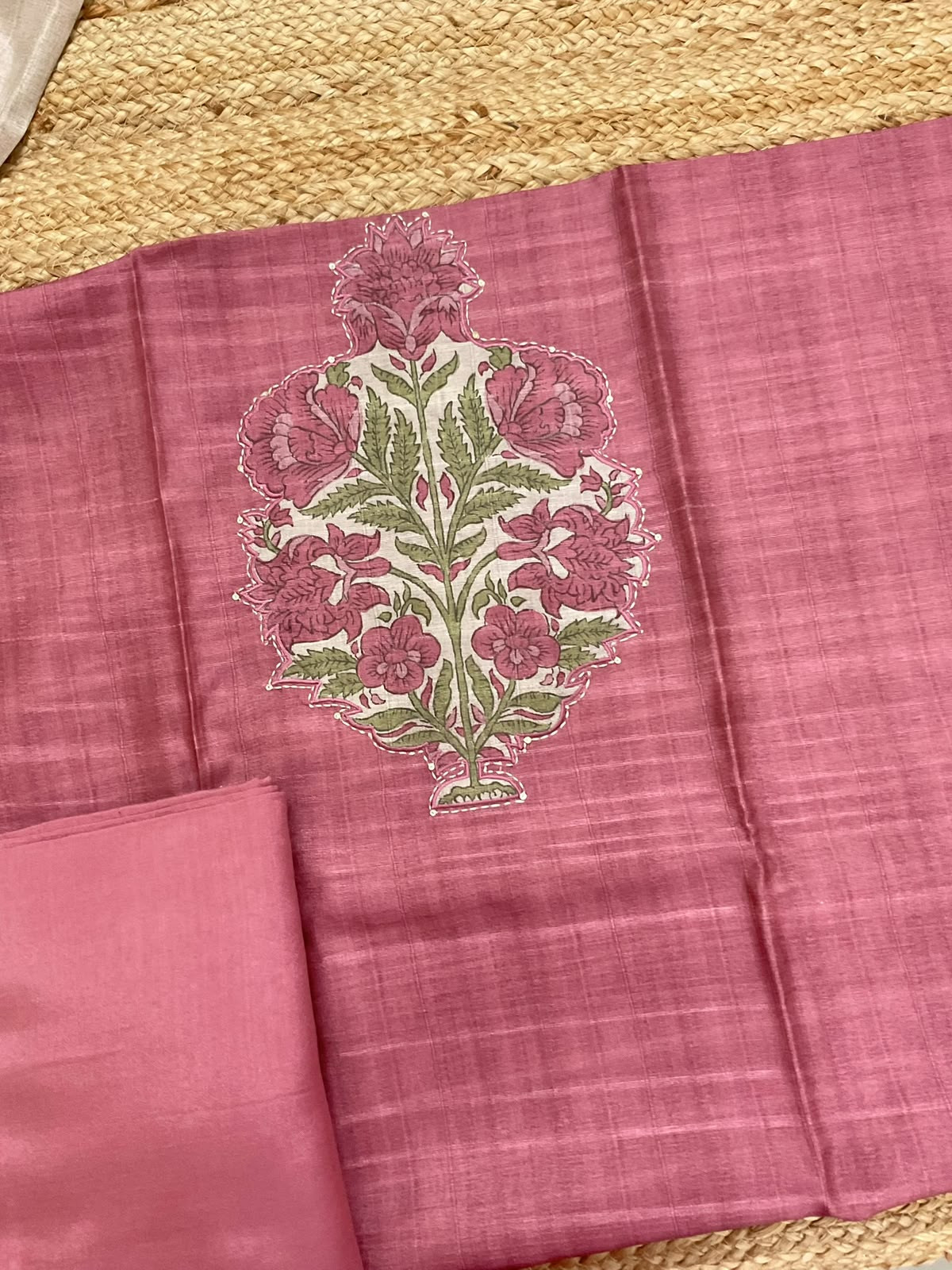 Soft Semi Tussar Silk Printed Embroidered Suit - Pink