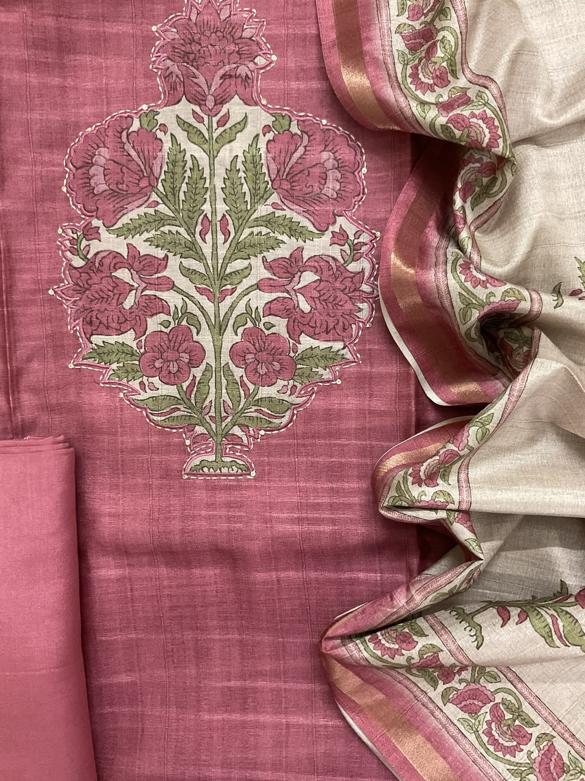 Soft Semi Tussar Silk Printed Embroidered Suit - Pink