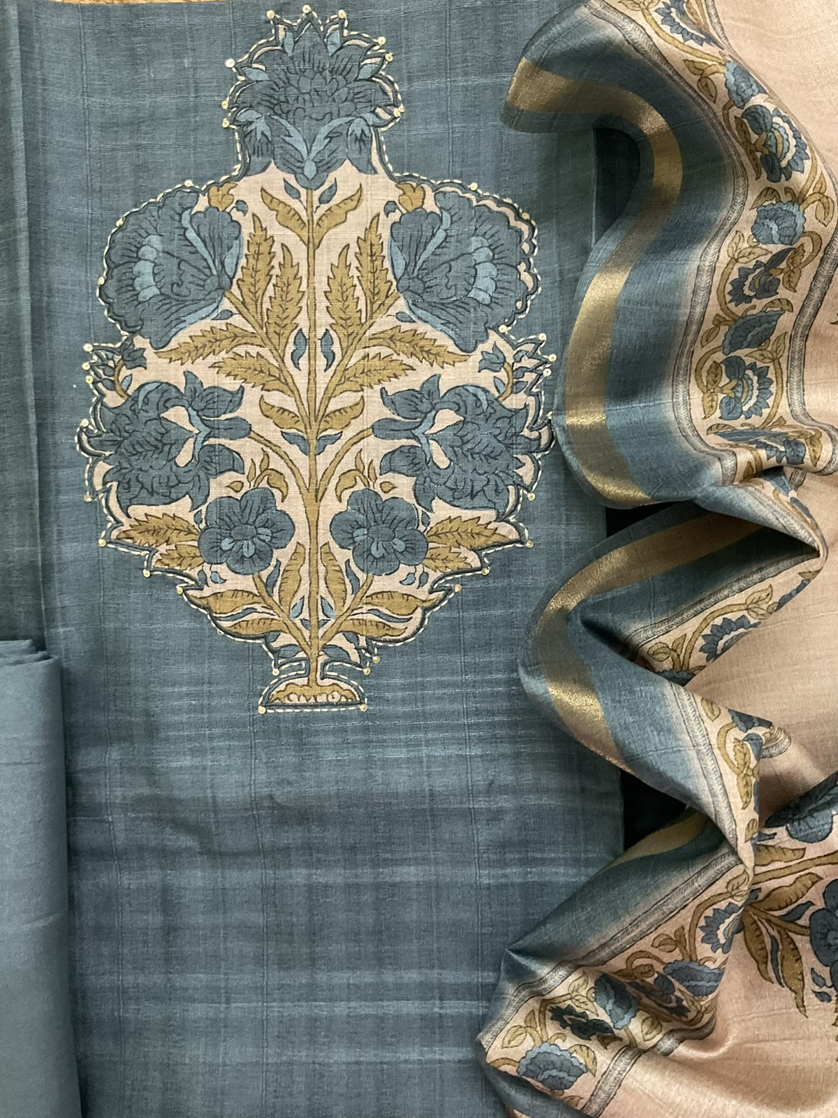 Soft Semi Tussar Silk Printed Embroidered Suit - Blue