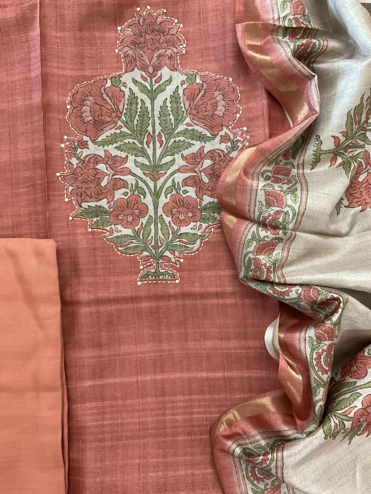 Soft Semi Tussar Silk Printed Embroidered Suit - Peach