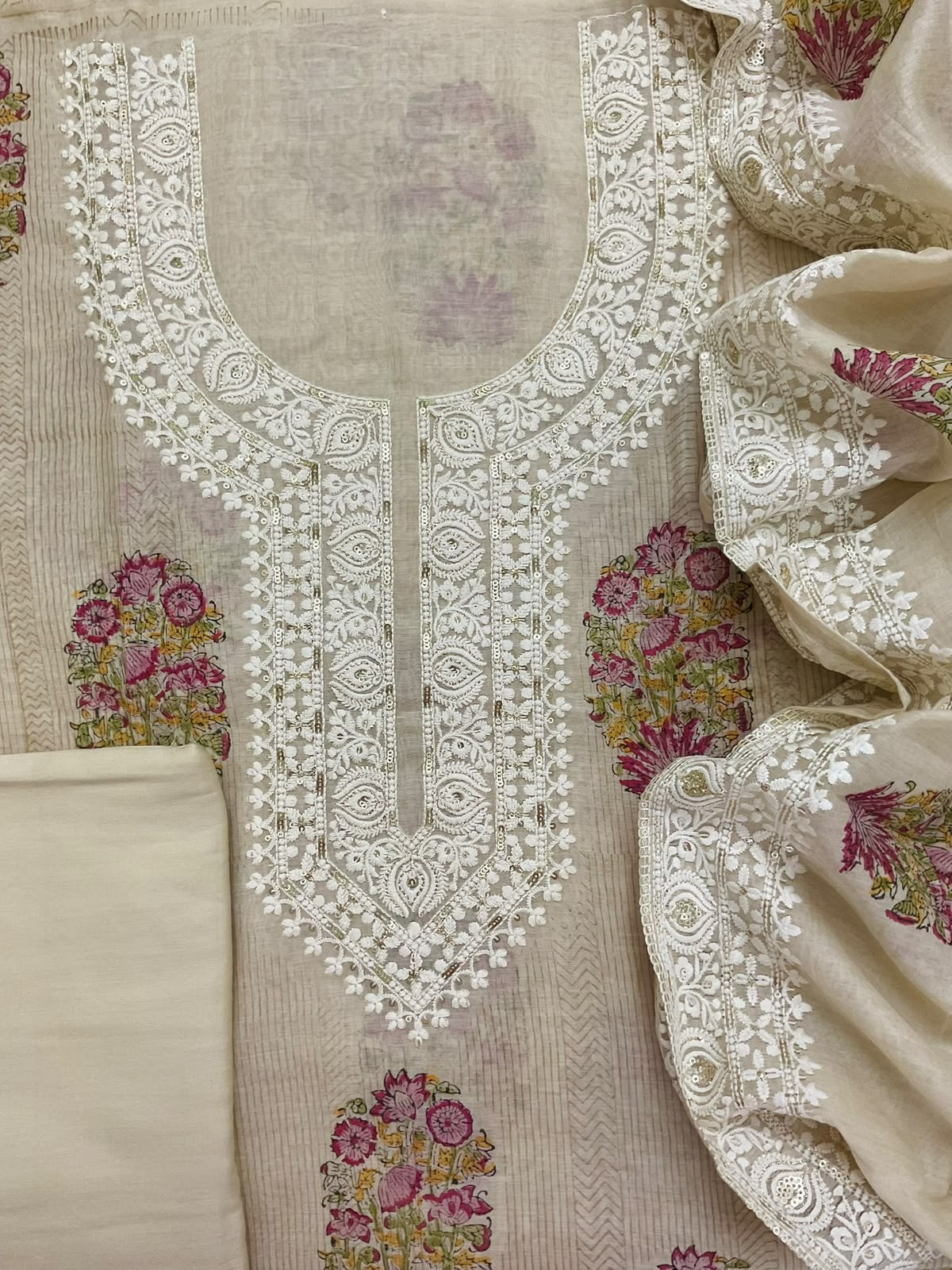 Pure Mul Chanderi Printed Embroidered Suit - Beige