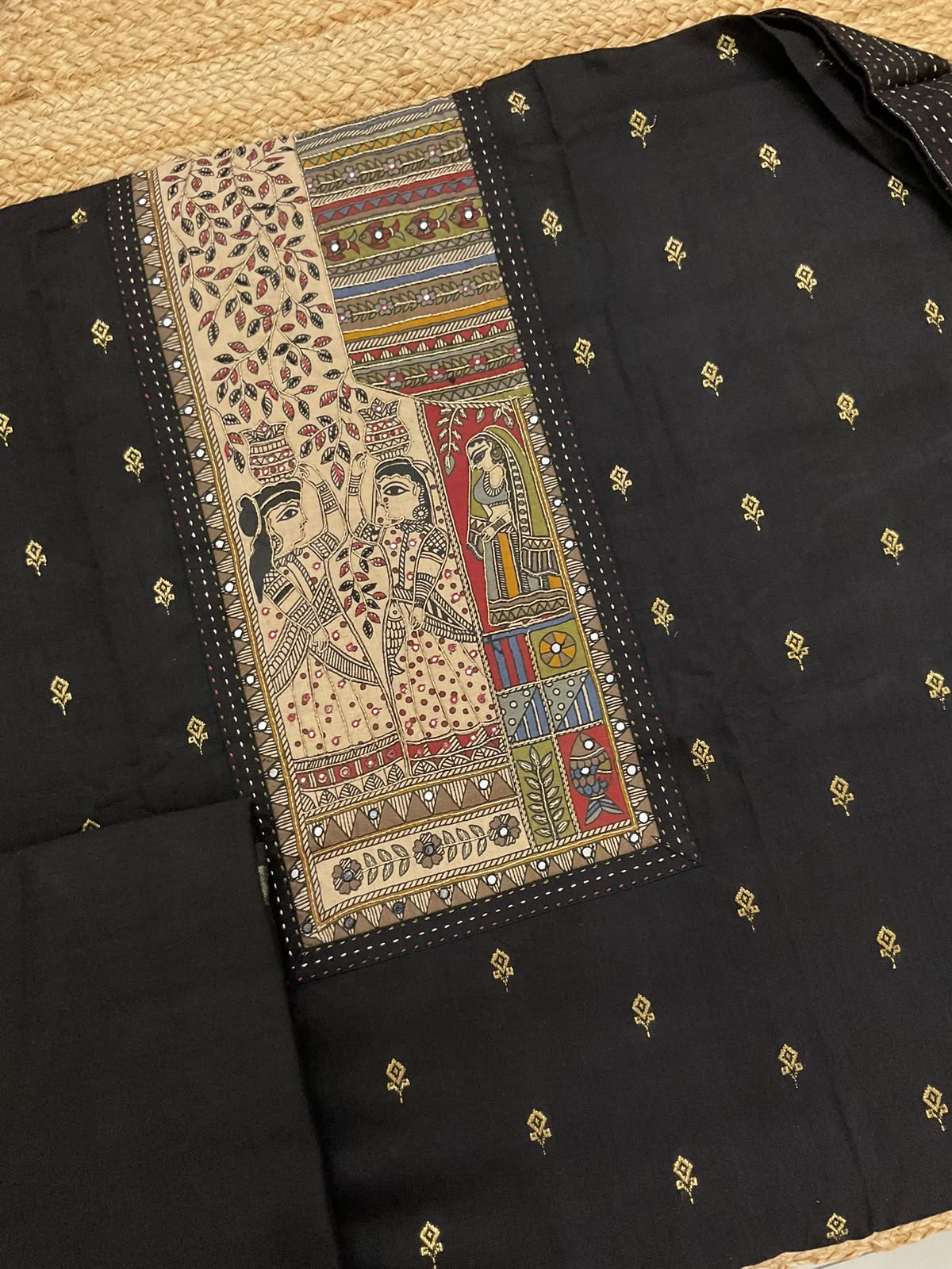 Pure Fine Slub Cotton Printed Embroidered Self Weaved Suit - Black