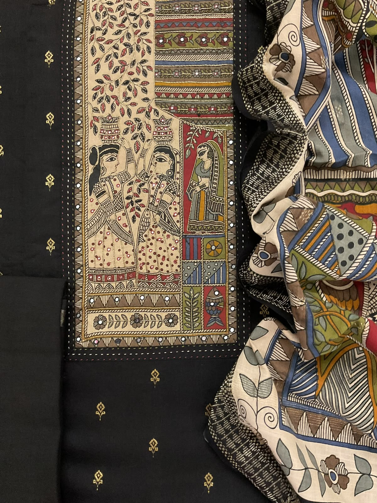 Pure Fine Slub Cotton Printed Embroidered Self Weaved Suit - Black