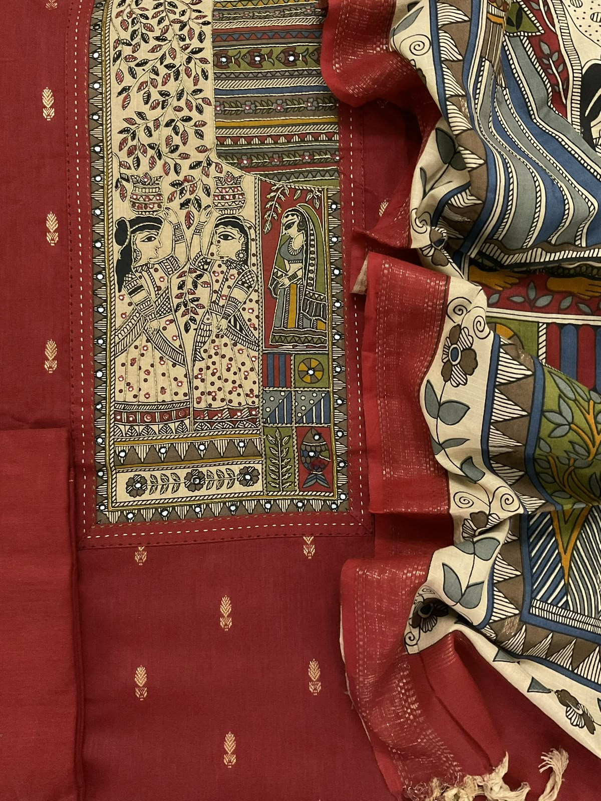 Pure Fine Slub Cotton Printed Embroidered Self Weaved Suit - Maroon