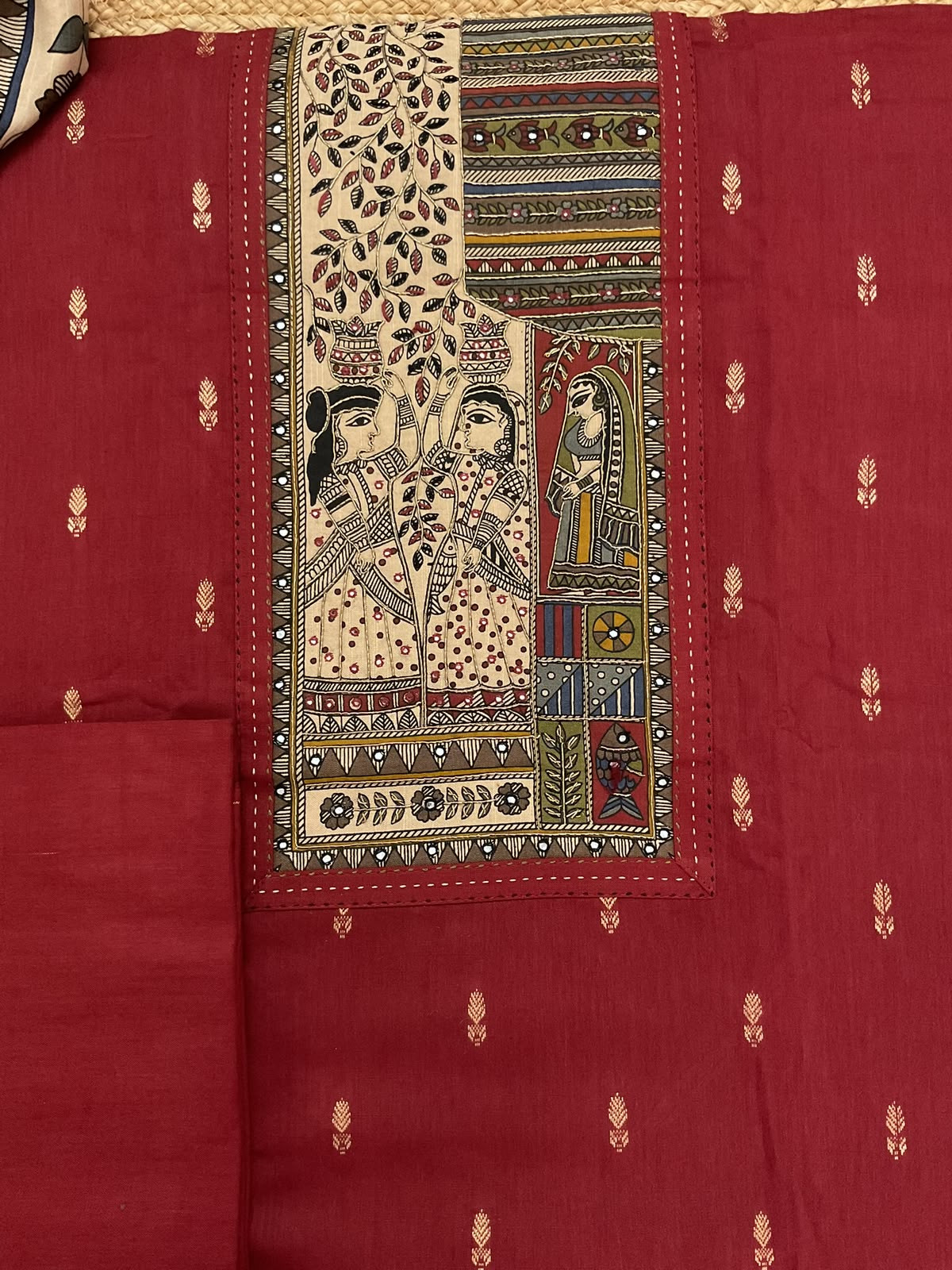 Pure Fine Slub Cotton Printed Embroidered Self Weaved Suit - Maroon