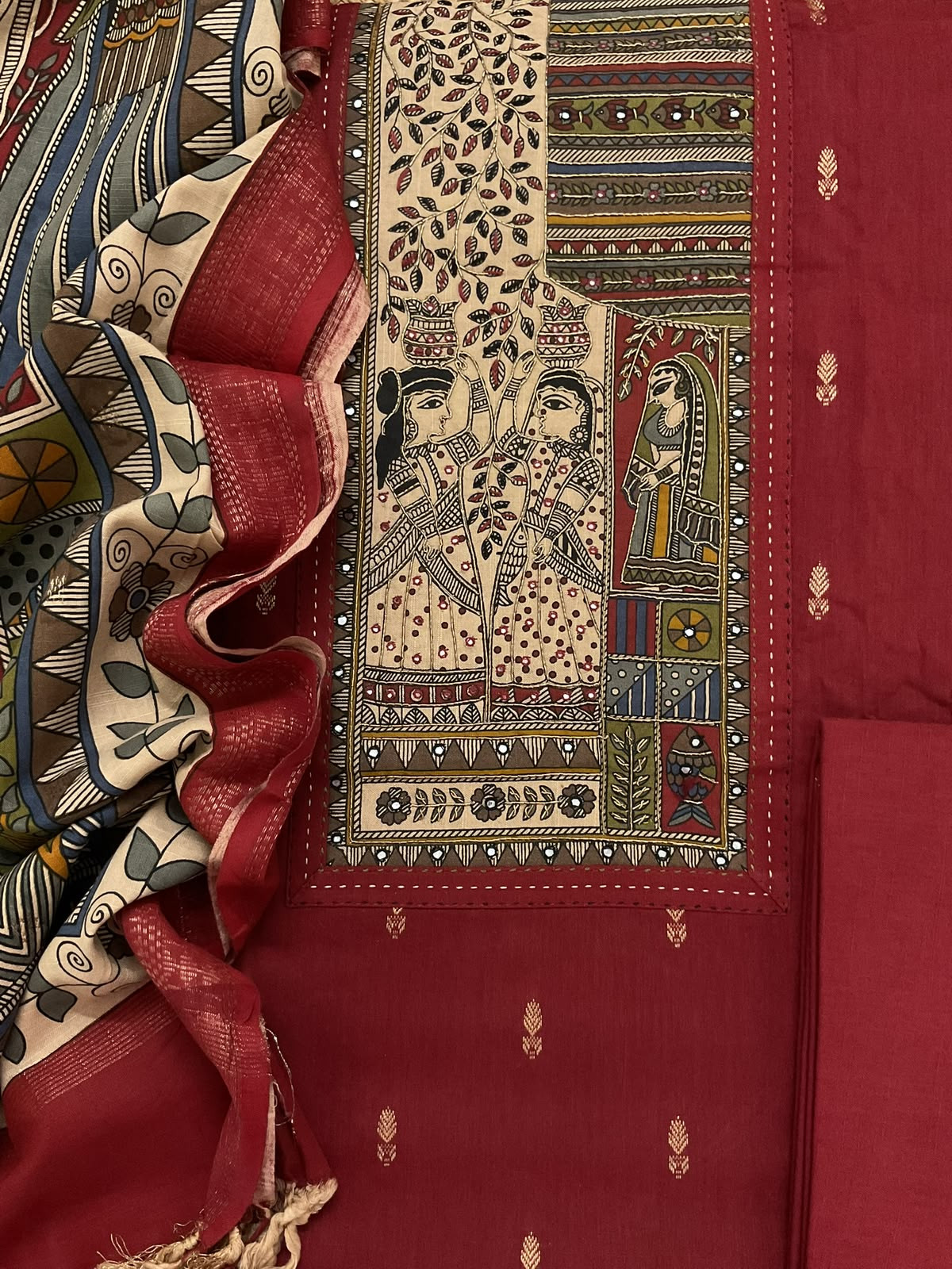 Pure Fine Slub Cotton Printed Embroidered Self Weaved Suit - Maroon
