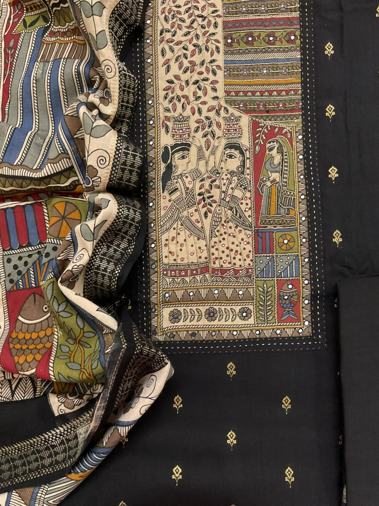 Image of Pure Fine Slub Cotton Printed Embroidered Self Weaved Suit - Black
