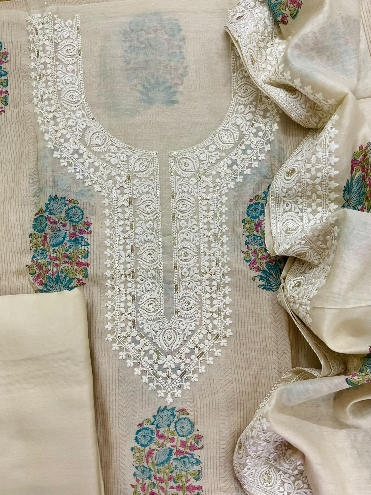 Pure Mul Chanderi Printed Embroidered Suit - Beige