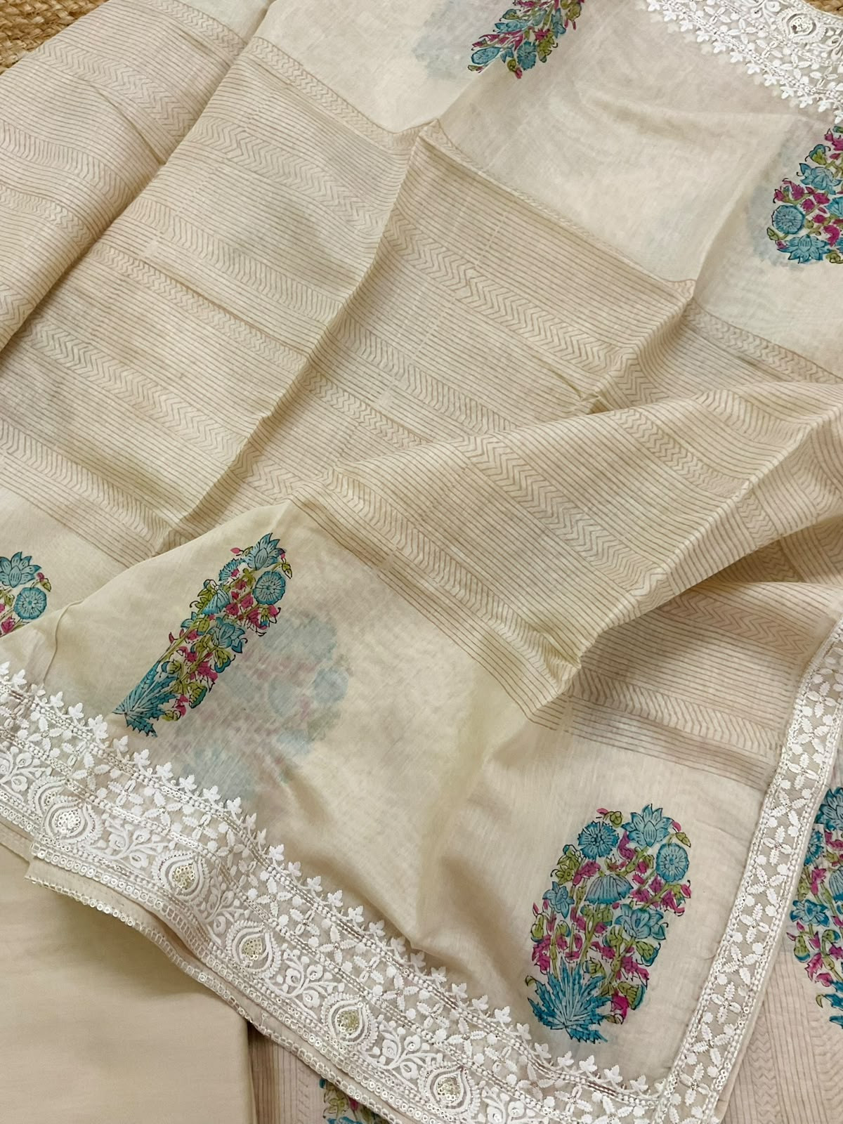 Pure Mul Chanderi Printed Embroidered Suit - Beige