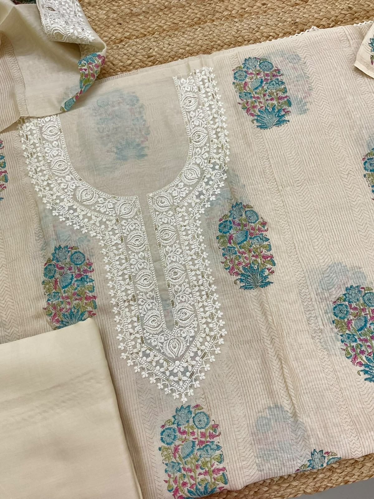 Pure Mul Chanderi Printed Embroidered Suit - Beige