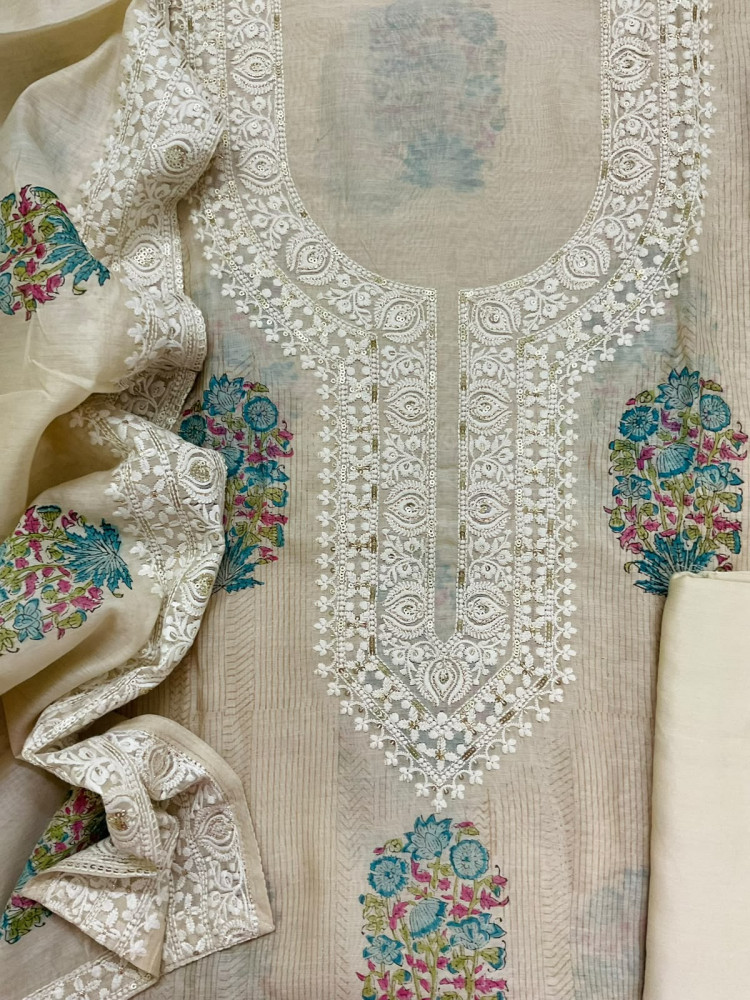 Image of Pure Mul Chanderi Printed Embroidered Suit - Beige
