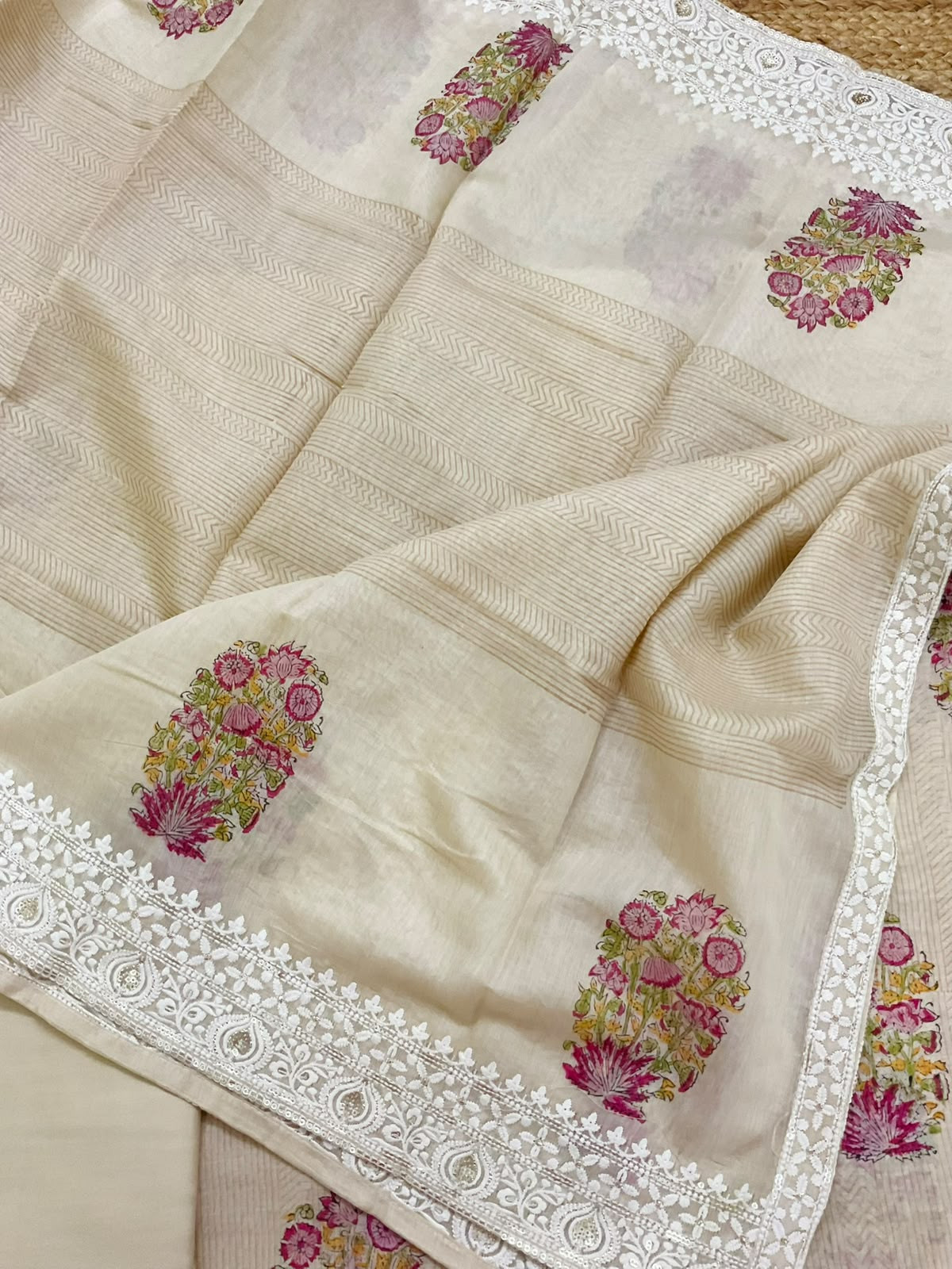 Pure Mul Chanderi Printed Embroidered Suit - Beige