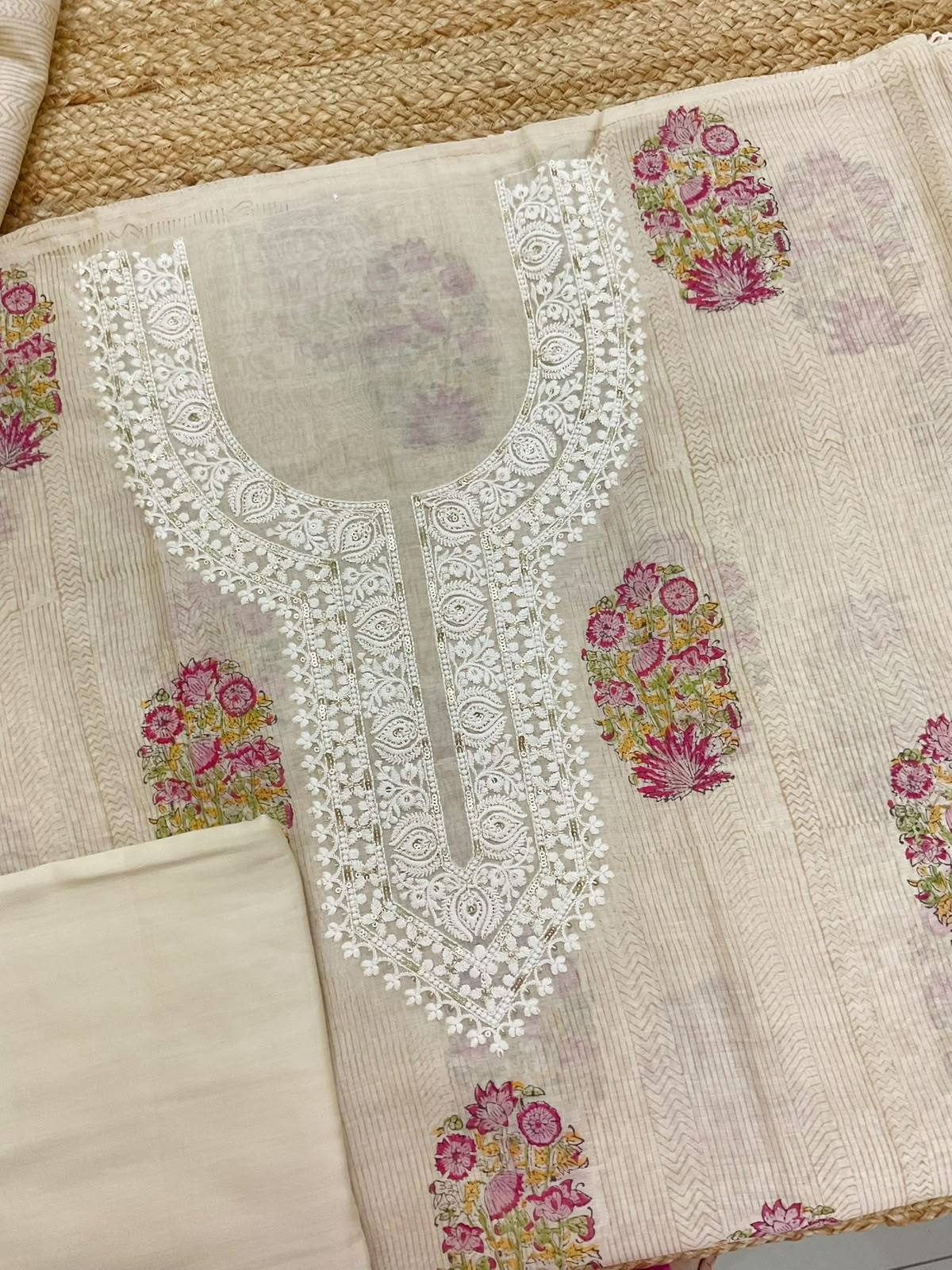 Pure Mul Chanderi Printed Embroidered Suit - Beige
