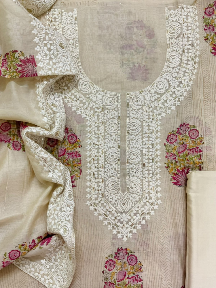 Image of Pure Mul Chanderi Printed Embroidered Suit - Beige