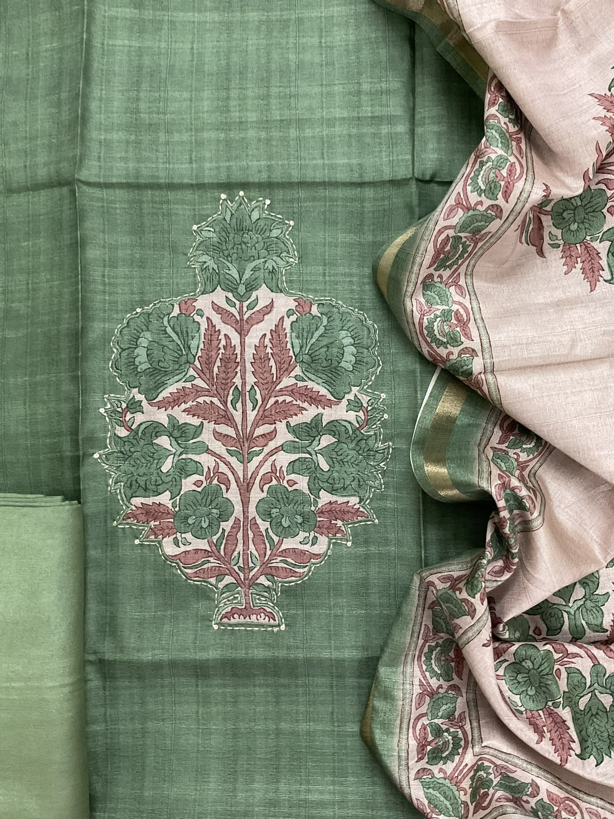 Soft Semi Tussar Silk Printed Embroidered Suit - Green
