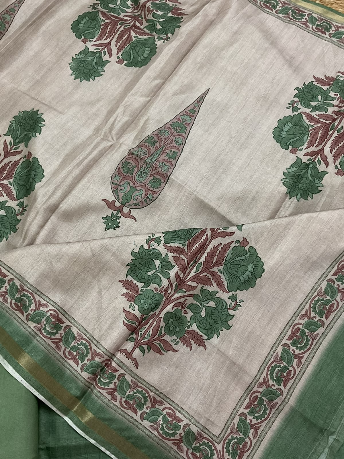 Soft Semi Tussar Silk Printed Embroidered Suit - Green