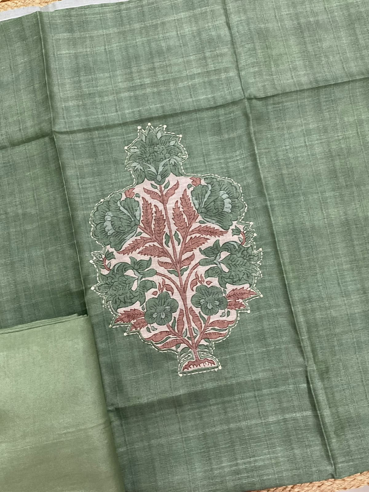 Soft Semi Tussar Silk Printed Embroidered Suit - Green