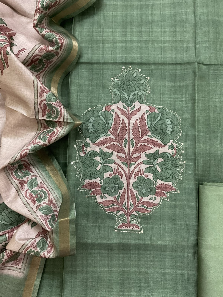 Image of Soft Semi Tussar Silk Printed Embroidered Suit - Green