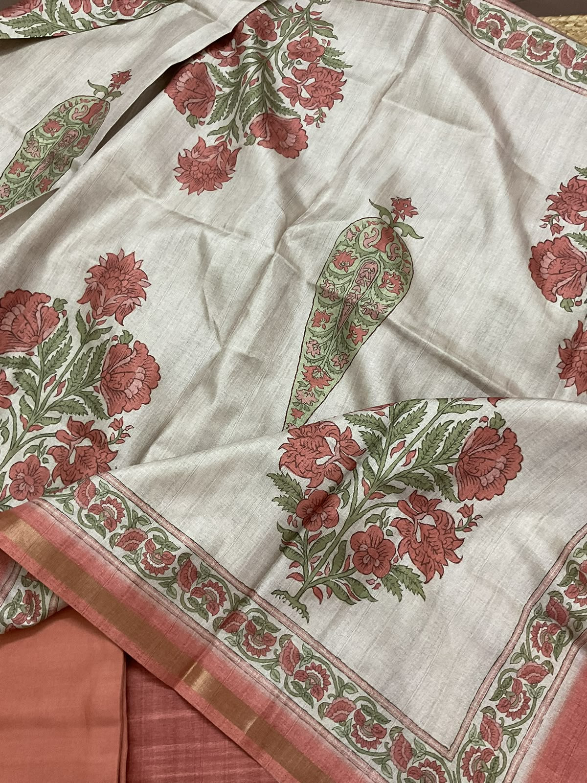 Soft Semi Tussar Silk Printed Embroidered Suit - Peach