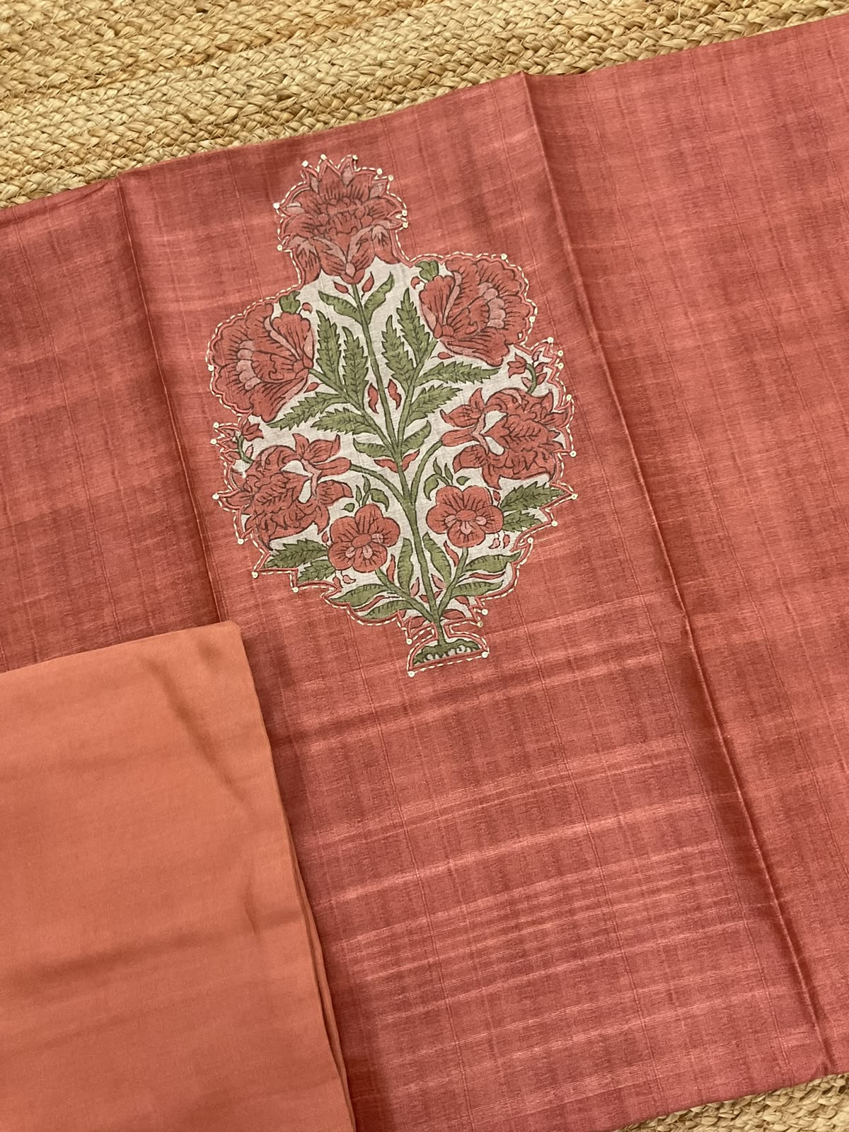 Soft Semi Tussar Silk Printed Embroidered Suit - Peach