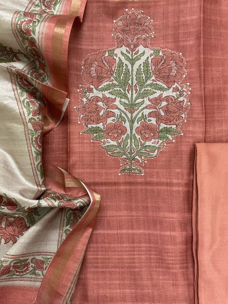 Image of Soft Semi Tussar Silk Printed Embroidered Suit - Peach