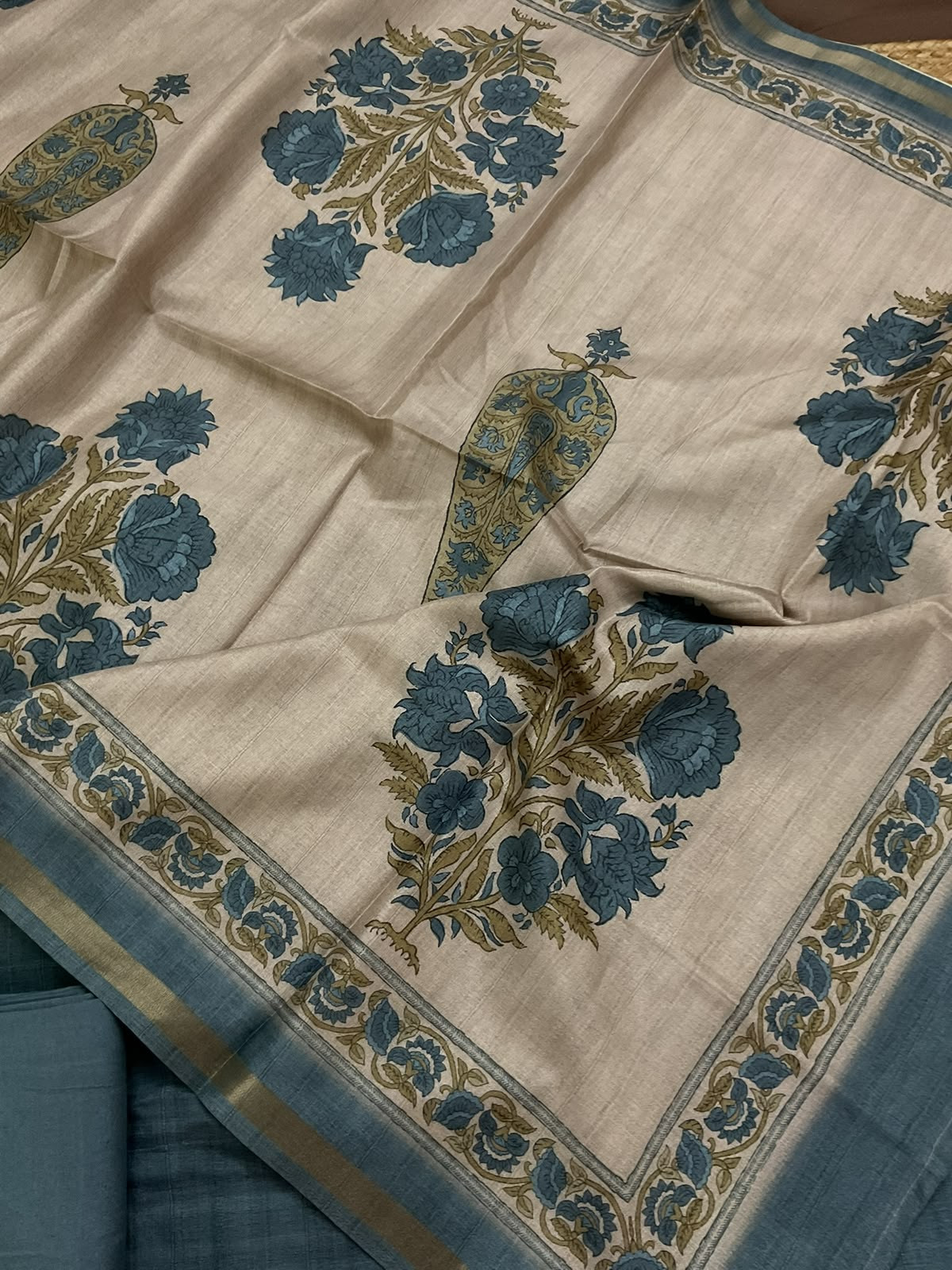 Soft Semi Tussar Silk Printed Embroidered Suit - Blue