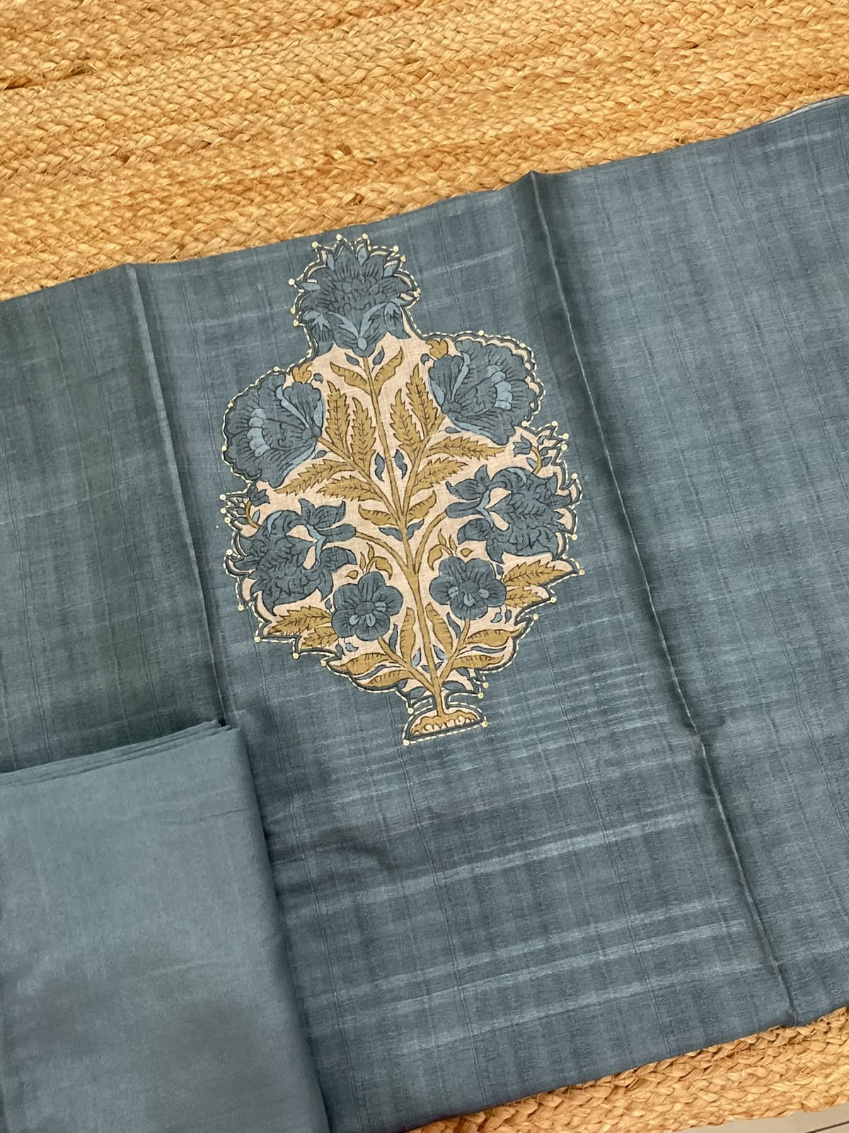 Soft Semi Tussar Silk Printed Embroidered Suit - Blue