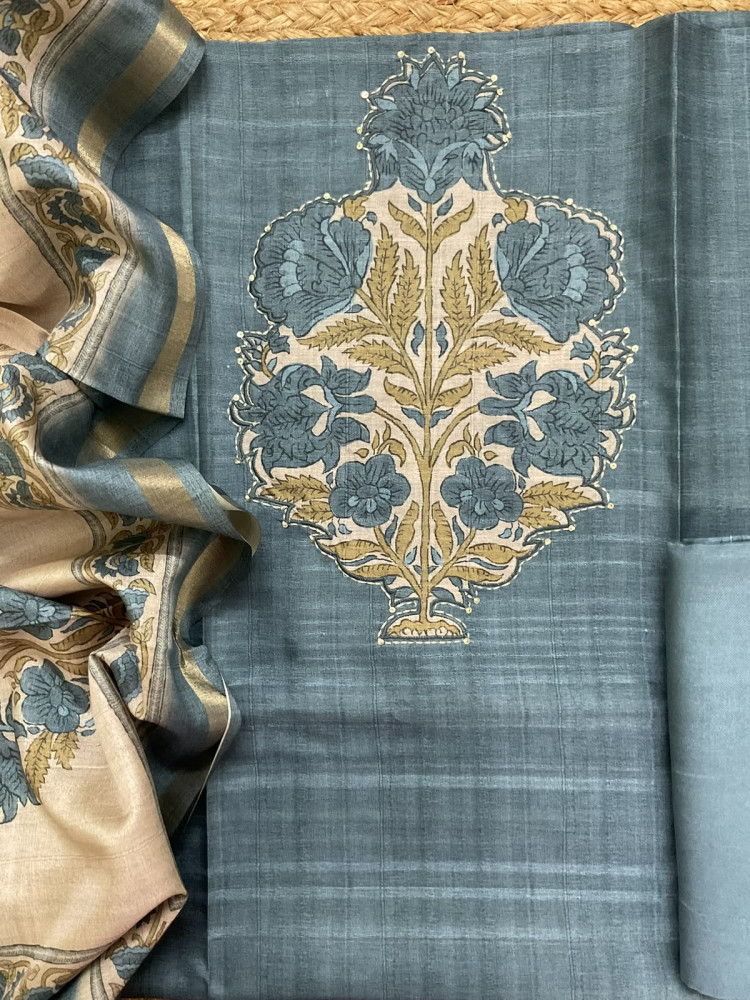 Image of Soft Semi Tussar Silk Printed Embroidered Suit - Blue
