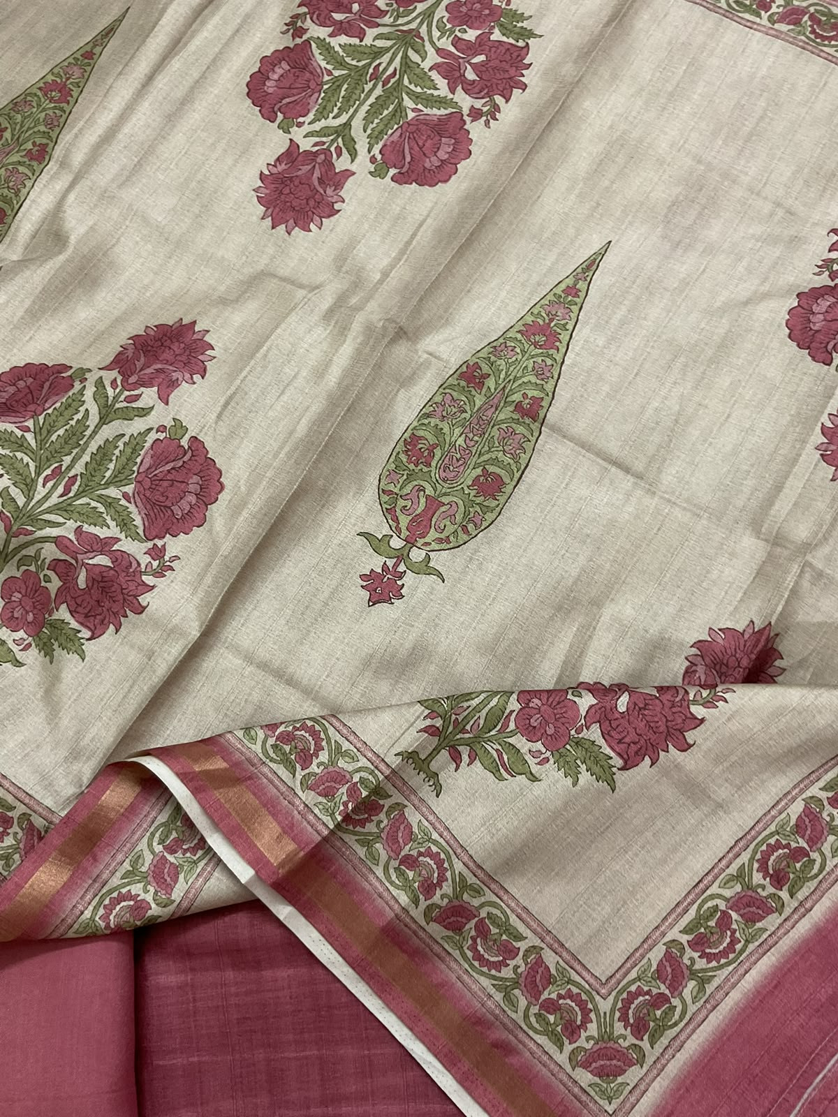 Soft Semi Tussar Silk Printed Embroidered Suit - Pink