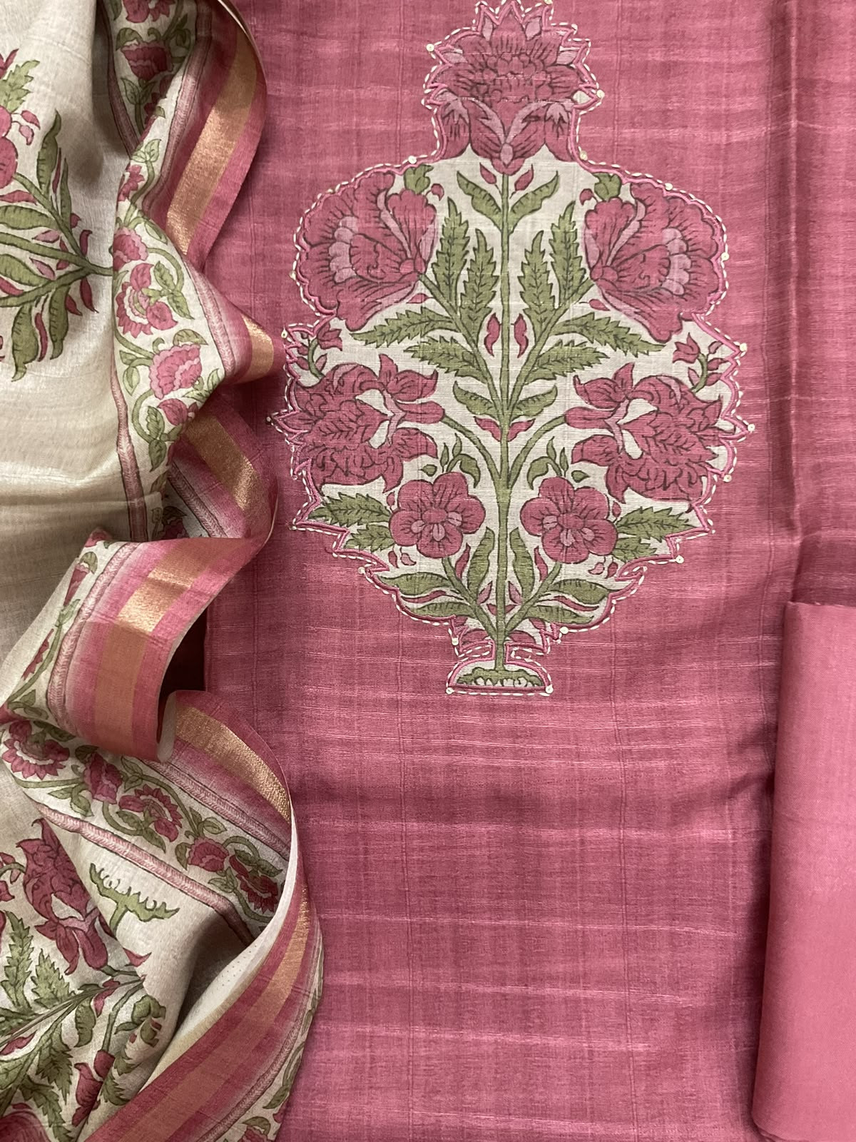 Soft Semi Tussar Silk Printed Embroidered Suit - Pink