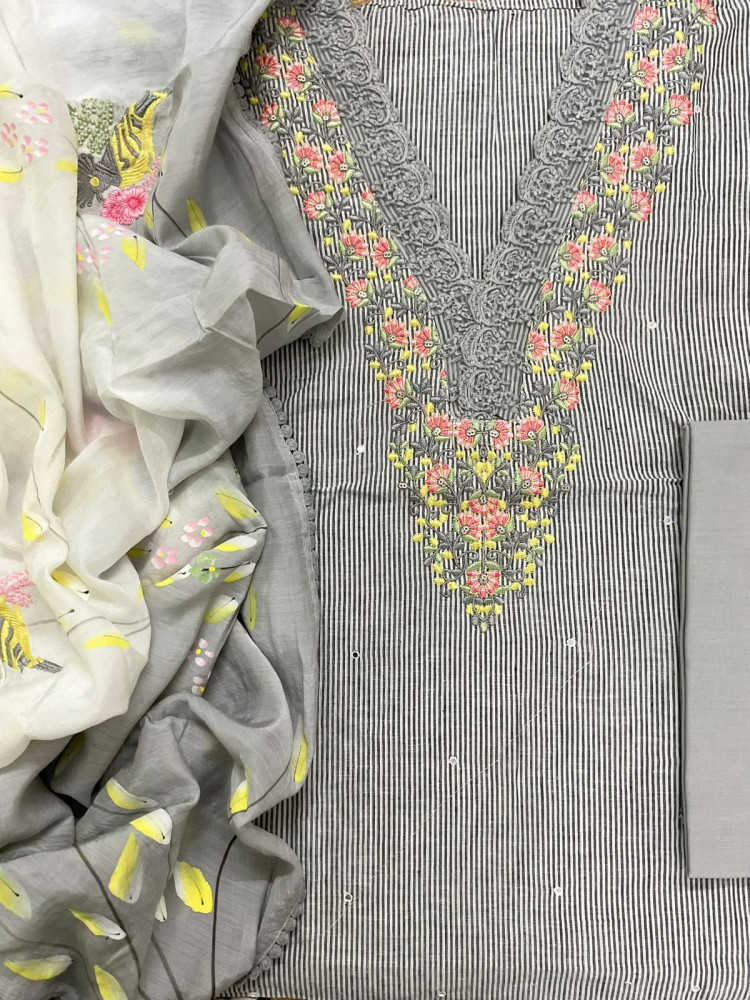 Image of Pure Handloom Cotton Self Weaved Brush Painted Embroidered Suit - Grey
