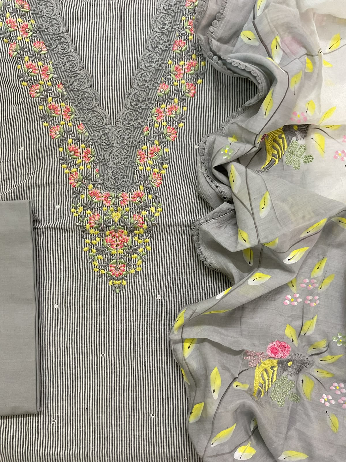 Pure Handloom Cotton Self Weaved Brush Painted Embroidered Suit - Grey
