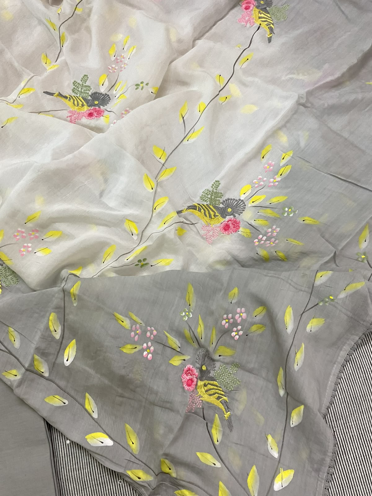 Pure Handloom Cotton Self Weaved Brush Painted Embroidered Suit - Grey