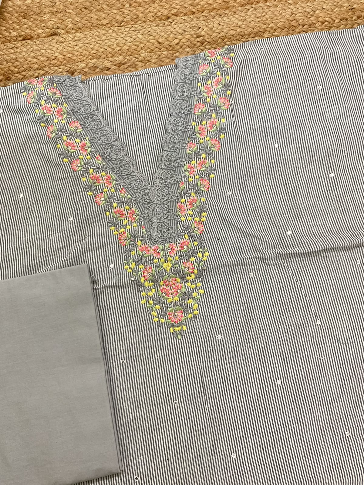 Pure Handloom Cotton Self Weaved Brush Painted Embroidered Suit - Grey