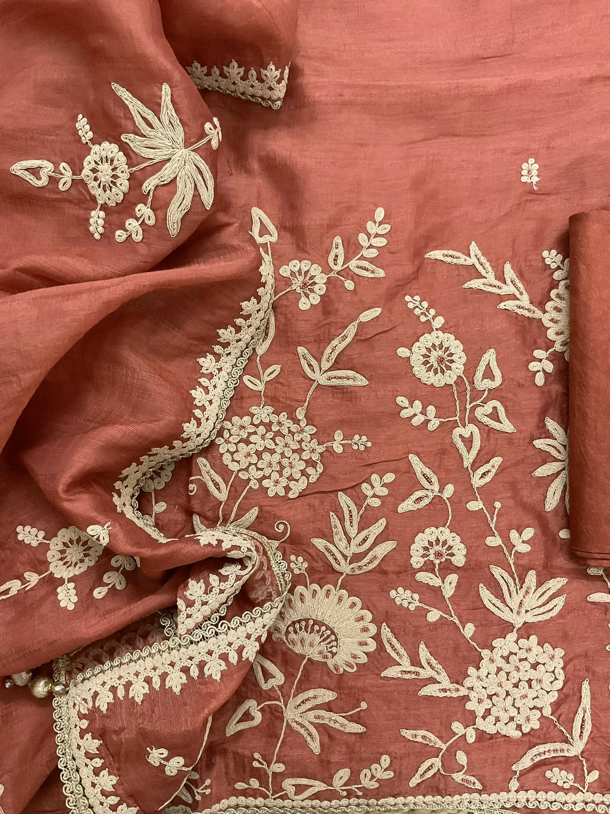 Soft Fine Raw Silk Embroidered Suit - Rust