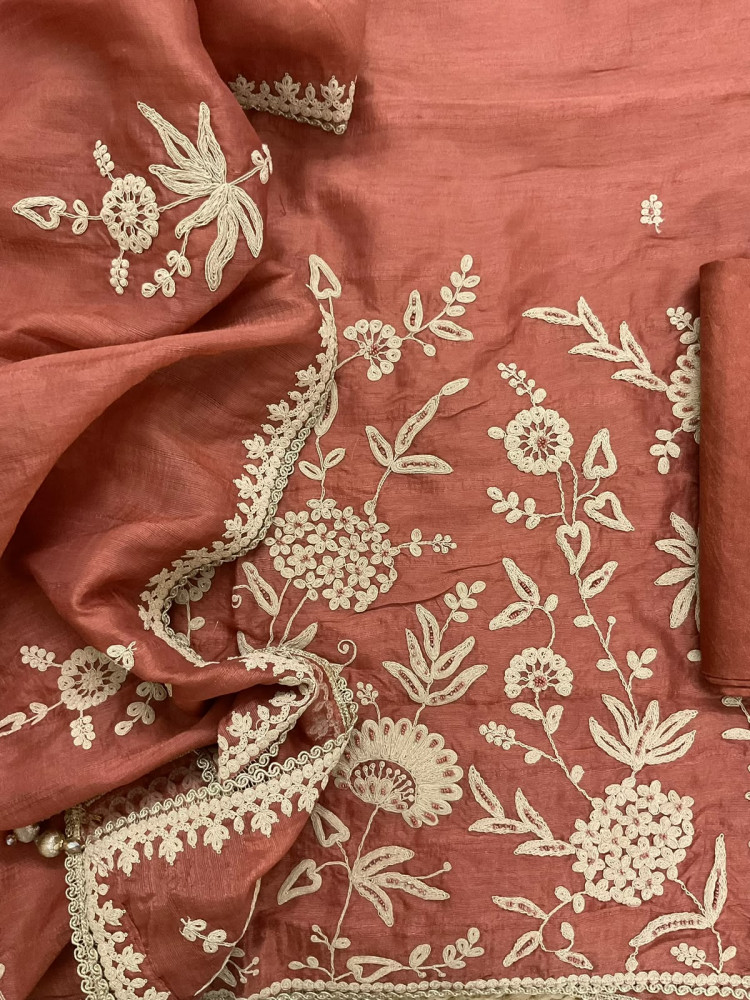 Image of Soft Fine Raw Silk Embroidered Suit - Rust