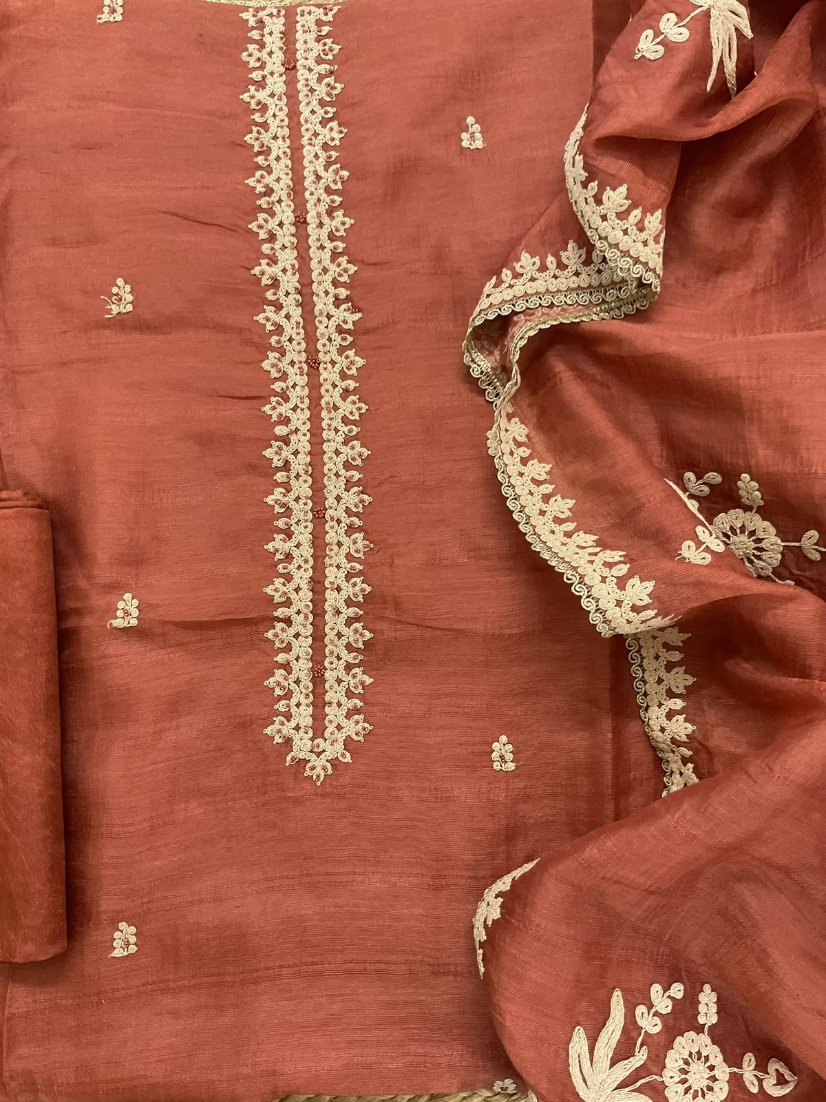 Soft Fine Raw Silk Embroidered Suit - Rust
