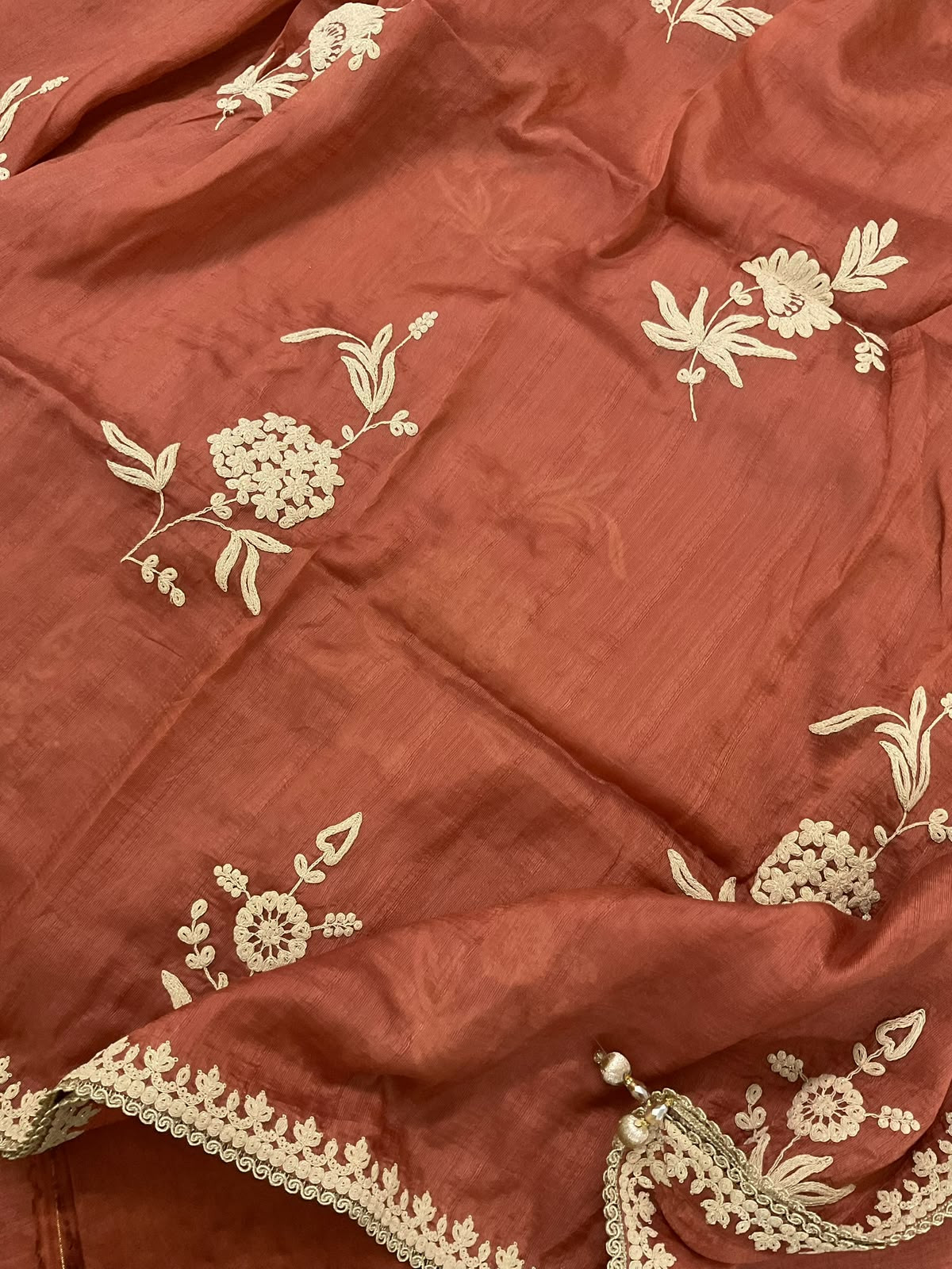 Soft Fine Raw Silk Embroidered Suit - Rust