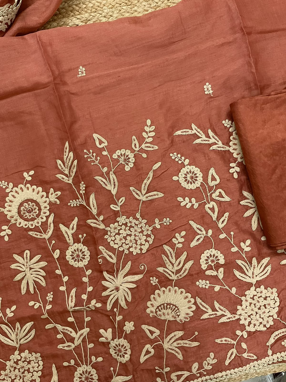 Soft Fine Raw Silk Embroidered Suit - Rust